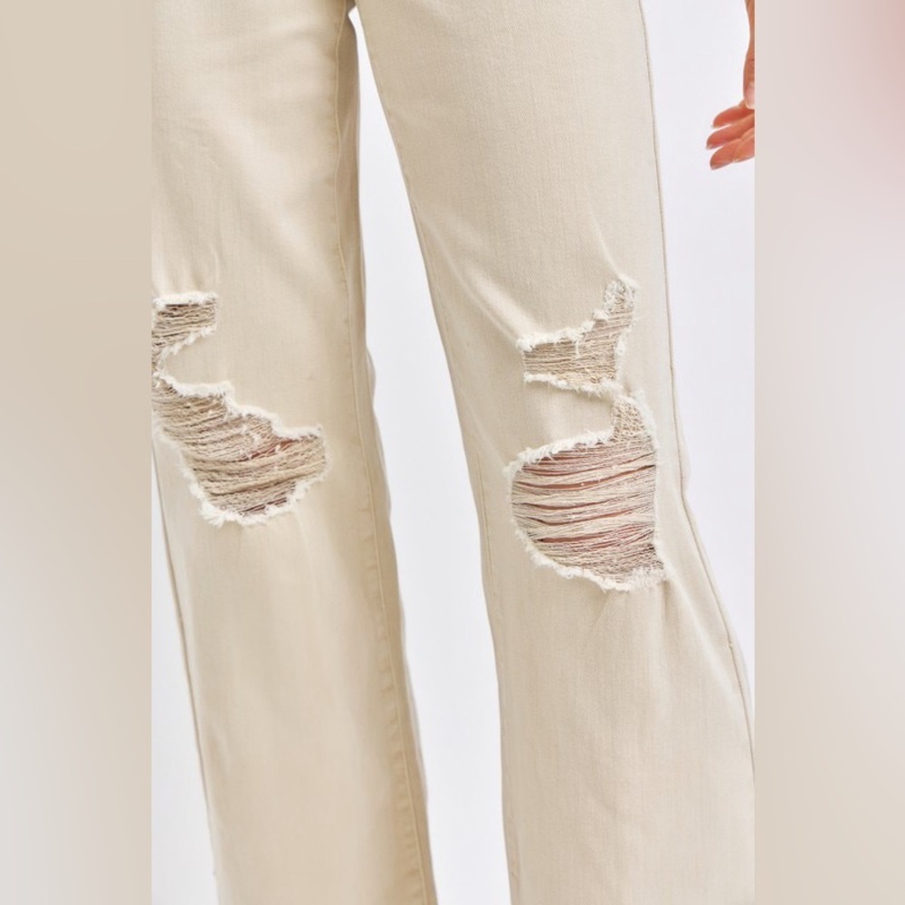 Judy Blue Cream High Waist Distressed Wide Leg Jeans Plus Size - Picture 4 of 5